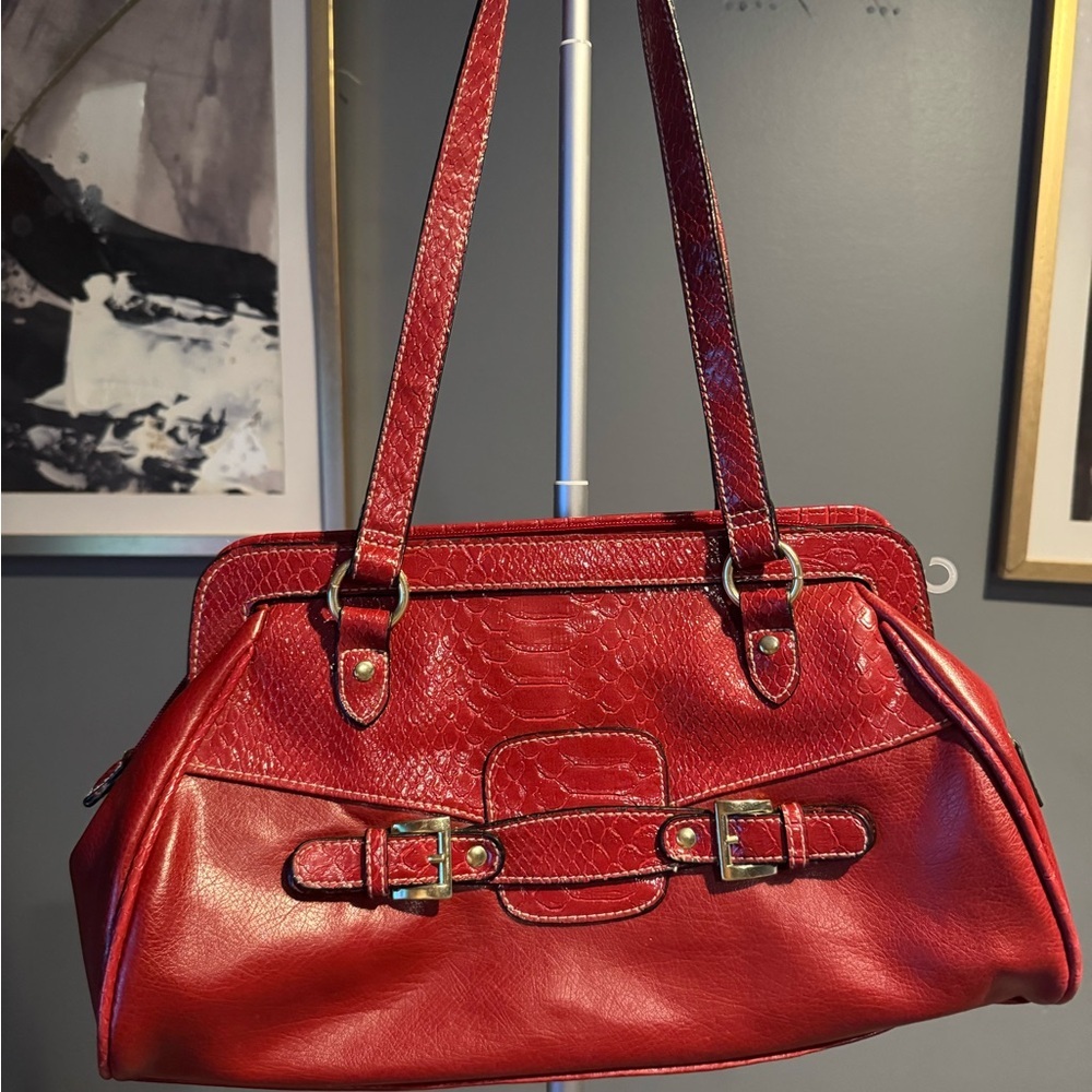 George Red Leather Shoulder Bag with Buckle Details